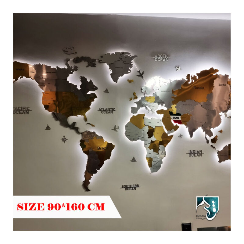 تابلو نقشه جهان برجسته طلایی نقره ایی
